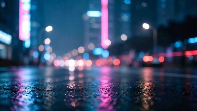 Rainy city street at night with blurred neon lights and wet pavement