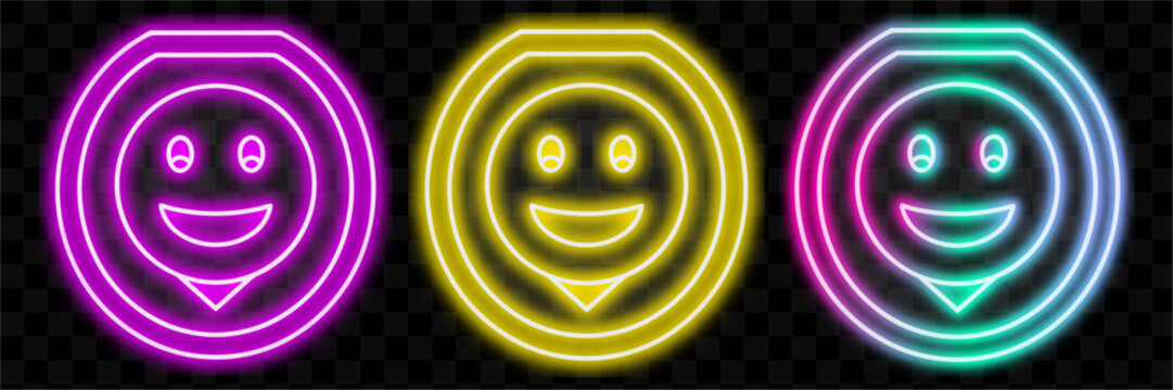 Neon Emoticons Set, Glowing Smileys Icons, Happy Face Symbols Vector Illustration