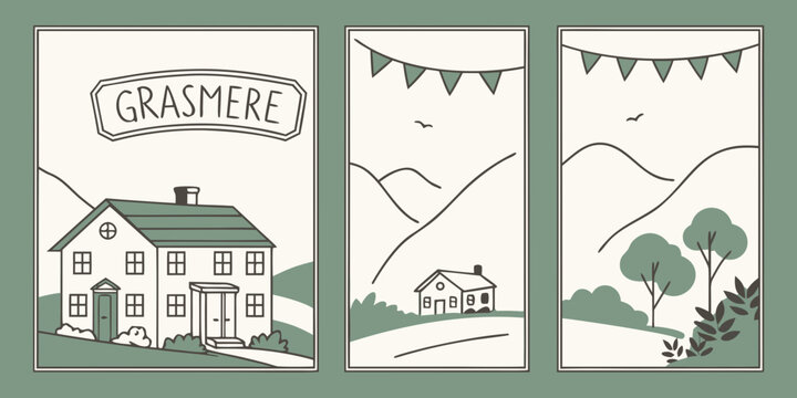 Grasmere Illustration Set &ndash; Lake District Countryside Art with Cottages, Hills, Mountains & Minimalist Pastel Landscape Designs, UK