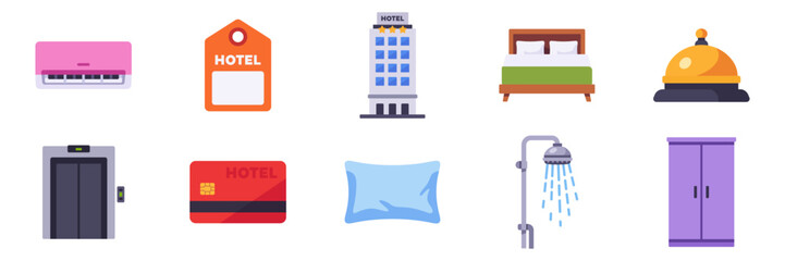 Set of hotel room and service icons, key card, bed, pillow, elevator, air conditioner, shower, do not disturb tag, reception bell, wardrobe, colorful vector flat illustrations © point of BORT