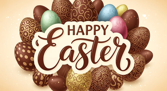 Easter greeting with chocolate eggs and decorative easter eggs on a warm background with happy easter text easter