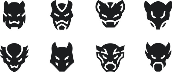 Eight Dark Silhouettes Of Stylized Animal Masks With Geometric Features creature