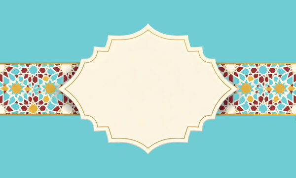 Ornate frame with intricate geometric patterns in a vibrant cultural design, set against a serene blue backdrop, ideal for invitations or festive announcements