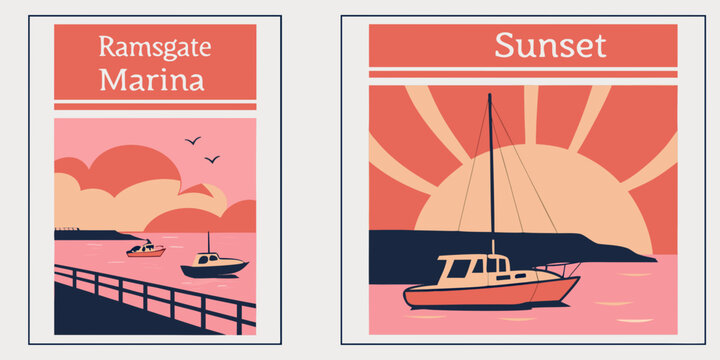 Ramsgate Marina & Sunset Sailboat Wall Art &ndash; Nautical Coastal Illustration Set in Pink, Orange & Navy | Modern Seaside Decor, UK