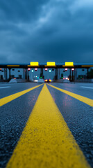 Highway toll plaza with illuminated booths and road markings at dusk in a symmetrical perspective view. 