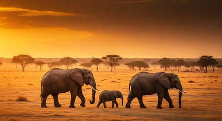 Fototapeta premium Family of Elephants Migrating Across African Savannah During Golden Hour Sunset
