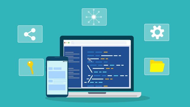Flat illustration of coding workspace with laptop displaying code editor, smartphone interface, and floating system icons representing software development and digital workflow.

