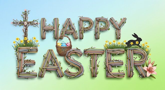 Happy easter greeting with decorative text and symbols on colorful gradient background easter