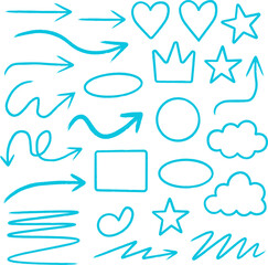 Hand drawn doodle arrows, hearts, stars and simple shapes set in blue marker style