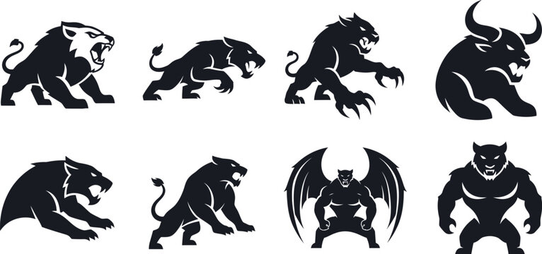 Set of Eight Black Silhouette Mythical Creatures and Animals in Dynamic Poses icon