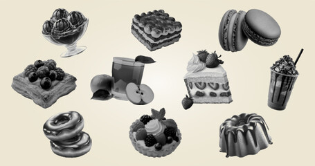 Vintage halftone dessert collage set with cakes, donuts, macarons, pastries and sweets, monochrome retro vector illustration for bakery branding, packaging, menus, posters and food design