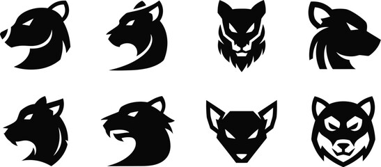 Obraz premium Set of Eight Stylized Animal Head Silhouettes in Profile and Front View wolf panther