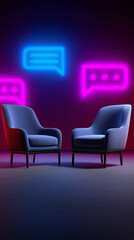 Obraz premium Modern armchairs facing each other with neon speech bubbles symbolizing communication and conversation. 