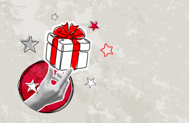 Trendy Halftone Collage hand holding gift box. The concept of holiday shopping. Greetings and celebrations.	