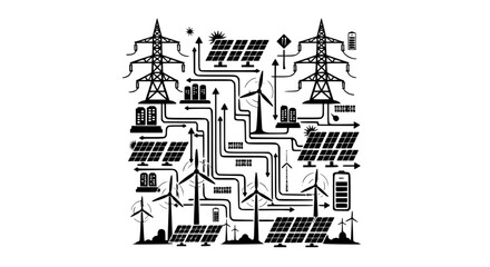 Obraz premium This intricate vector graphic illustrates a comprehensive smart energy grid featuring renewable sources like solar panels and wind turbines connected to power lines and battery storage silhouette