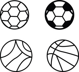 Obraz premium Black and white sports ball icon set with soccer and basketball designs, minimal outline and solid vector symbols
