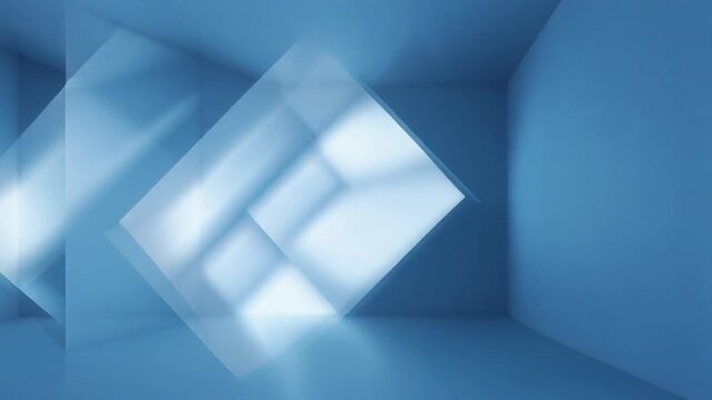 A geometric, blue-toned abstract architectural rendering with layered light and shadow interplay