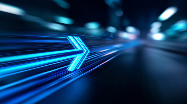 Glowing blue arrow moving forward in digital light trail, symbolizing growth and business progress.
