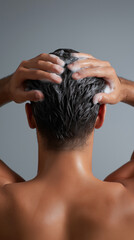 Naklejka premium Back view of man washing hair with shampoo foam, highlighting daily hygiene and scalp care routine. 