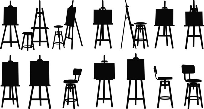 Black Silhouette Illustration of Easels and Stools Depicting Art Studio Furniture, Canvas Holders, Seating Designs, and Creative Workspace Concept