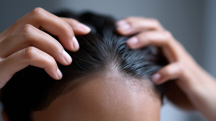 Obraz premium Close-up of a person scratching their scalp, highlighting hair care and dandruff problem. 