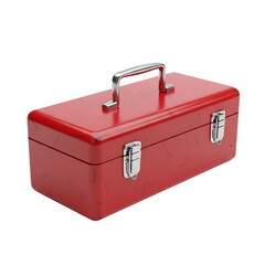 A red metal toolbox with silver hardware on transparent background