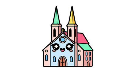 Naklejka premium Cartoon church with smiling face and colorful spires 