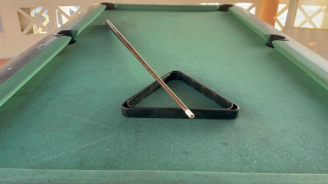  Snooker billiard table, cue on the table, playroom