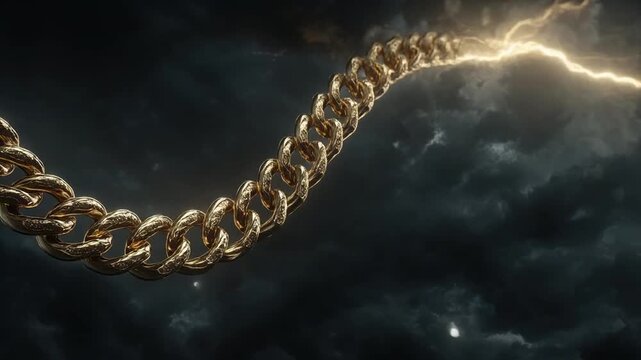 A gleaming gold chain against a dramatic, stormy sky, with lightning striking