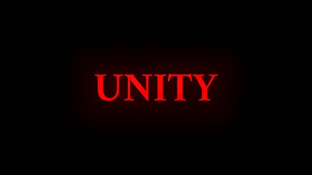 Strong red UNITY text animation glowing on a dark background, symbolizing togetherness, strength, and connection for modern titles and meaningful visual projects.