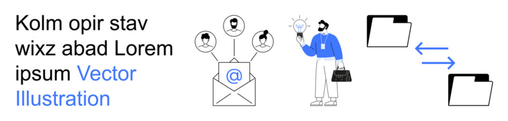 Communication, digital file sharing, productivity, email management, information exchange, teamwork. Email icon connecting to people, professional sharing an idea, file folders connected © robu_s