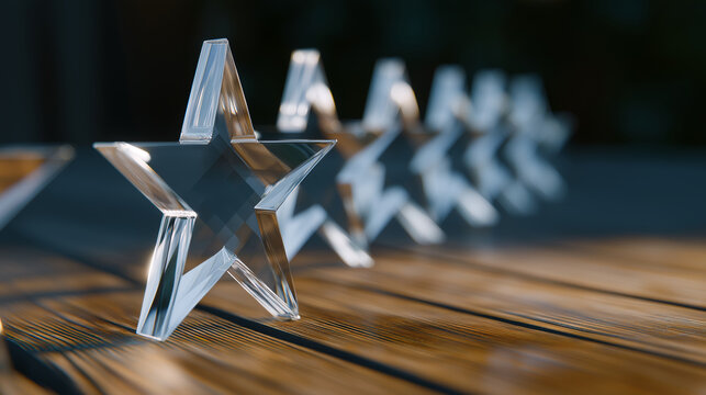 Transparent star shaped awards lined up on table in corporate setting

