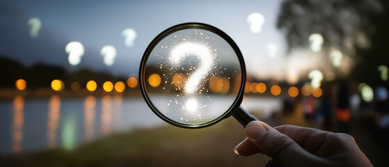 夜景のボケを背景に虫眼鏡のクエスチョンマーク（疑問・調査イメージ）