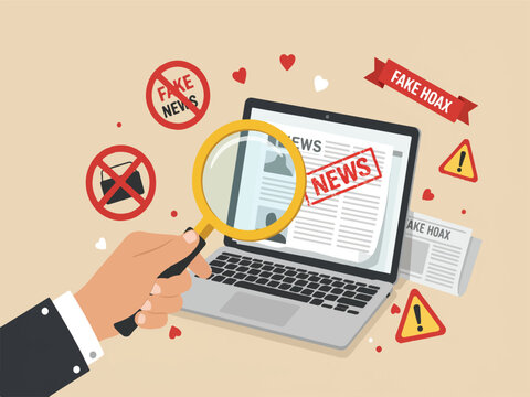 A hand holding magnifying glass examines laptop with fake news on the screen surrounded by warning signs and symbols of misinformation  verifying information in digital age