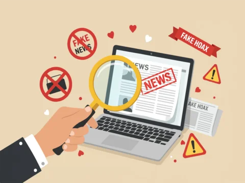 A hand holding magnifying glass examines laptop with fake news on the screen surrounded by warning signs and symbols of misinformation verifying information in digital age
