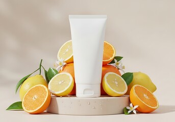 Fototapeta premium A refreshing display of citrus fruits surrounding a tube of skincare product