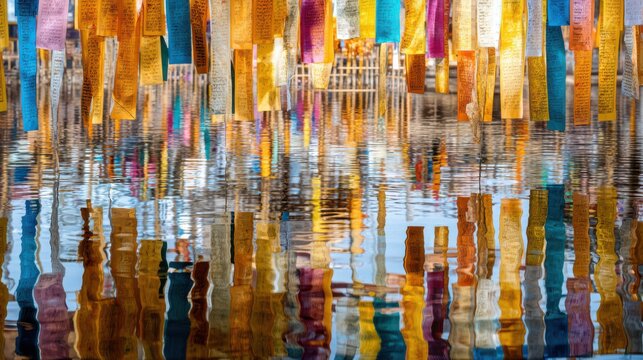 Colorful buddhist prayer flags reflecting on water surface