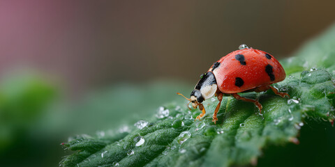 Fototapeta premium A close-up view of a ladybug on a green leaf with water droplets