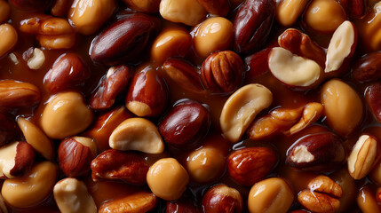 Assorted roasted nuts mix with glossy caramel coating in macro close up
