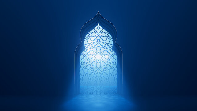 Blue moon light shine through the ornate window into Islamic mosque interior. Ramadan Kareem Islam background. Traditional holiday elegant 3d backdrop.