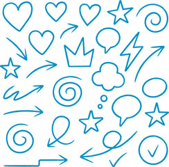 Hand drawn blue doodle icon set with arrows, hearts, stars, speech bubbles, lightning, swirls, and playful sketch symbols