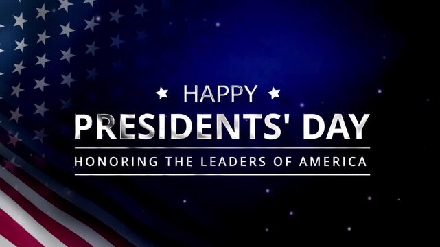 Silver metallic Happy Presidents Day typography with the message Honoring the Leaders of America. Set against a dark blue gradient background with American flag, stars pattern, glowing particles.