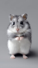 Obraz premium Cute standing hamster isolated on white background showing tiny paws and soft fur. 