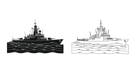 Stylized depictions of naval warships sailing on wavy water © Hasina