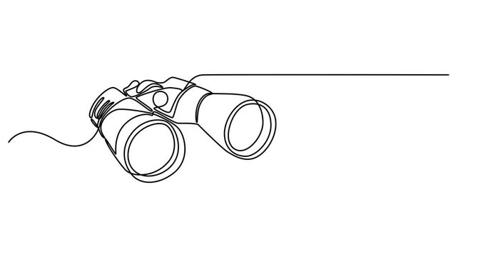 Animated self drawing of single continuous line draw happy young tourist woman looking through big binoculars far ahead. Young lady is traveling with field glasses. Full length one line animation