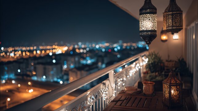 Balcony decorated with traditional ramadan lanterns celebrating evening festivities