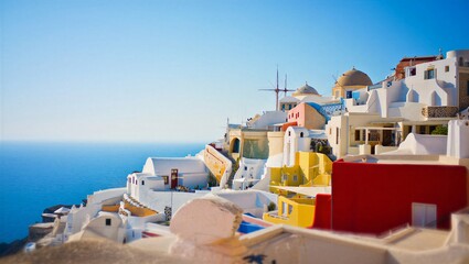 Obraz premium Iconic white buildings cascading down hillside toward bright blue ocean under clear sky island setting