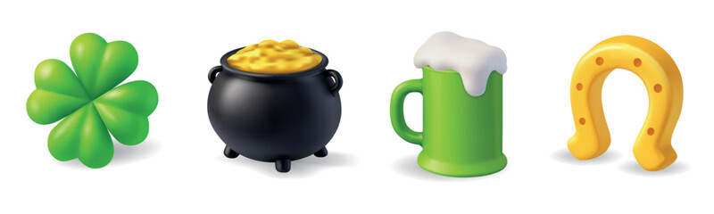 St. Patricks Day set. Clover, pot of gold, green beer mug, and golden horseshoe. 3D festive vector illustration