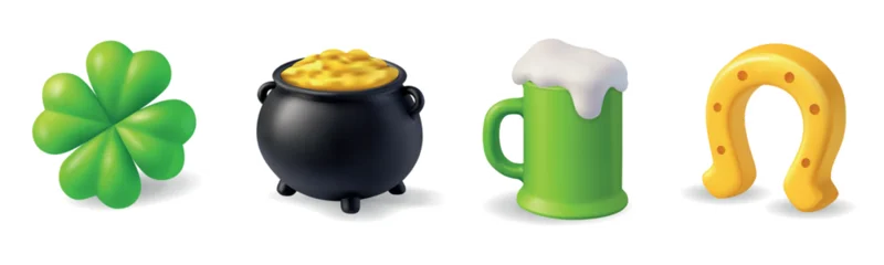 Fotobehang Restaurant St. Patricks Day set. Clover, pot of gold, green beer mug, and golden horseshoe. 3D festive vector illustration  © Lifeking