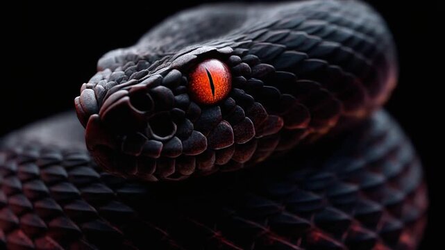 Close-up of a dark snake's head with piercing red eyes, scales shimmering against black